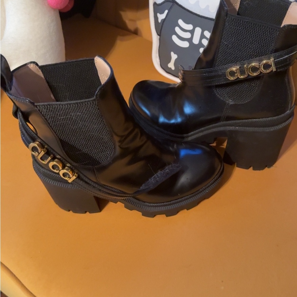 Gucci Black Heeled Boots with Gold Logo